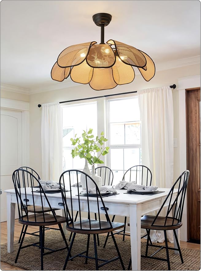 26 Inch Fandelier Rattan Ceiling Fans with Lights and Remote,Boho Black Chandelier Ceiling Fan for Dining Living Room,Bedroom,Kitchen,4-Light