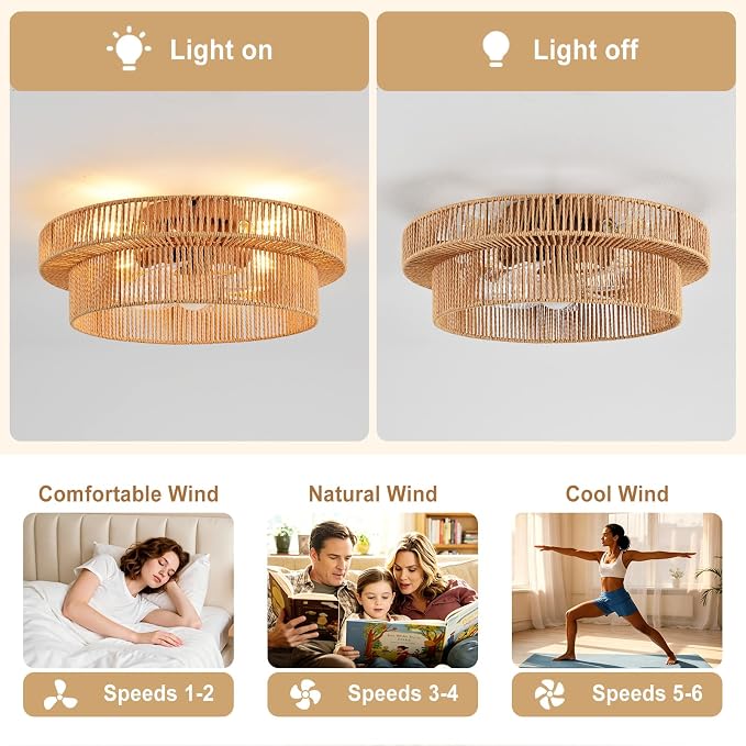 Depuley Boho Ceiling Fan with Light: 20 Inch Double Layer Textured Rope Flush Mount Fandelier with Remote and Timer - Caged Ceiling Fan with 6 Speeds - Indoor Quiet Fan for Bedroom and Living Room