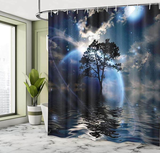 Ambesonne Fantasy Shower Curtain, Water Night View Dark Clouds Stars Moonlight Skylights Rays Tree Reflection on Sea Print, Cloth Fabric Bathroom Decor Set with Hooks, 69" W x 70" L, Navy