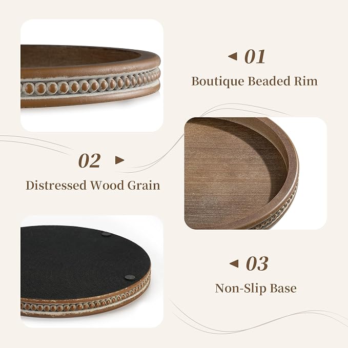 Hanobe Round Wooden Tray Decor: Decorative Candle Plate Holder | 11.8-inch tray for coffee table, rustic table centerpiece for home living room kitchen counter, brown