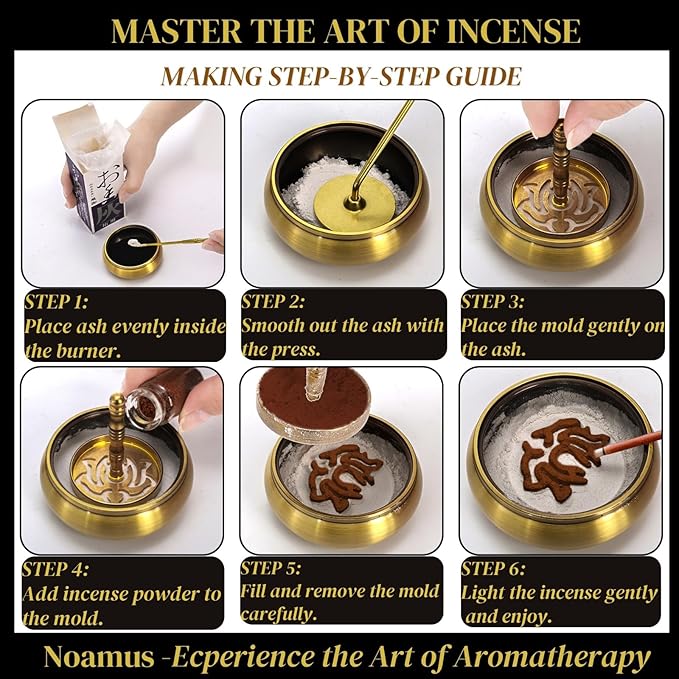 Noamus 12 Pcs Incense Burner Kit, Brass Powder Ash Making Set with Censer, Chinese Incense Art Mold Press Tool, Home Fragrance Holder in Gift Box for Relaxation, Meditation, Yoga, Aromatherapy