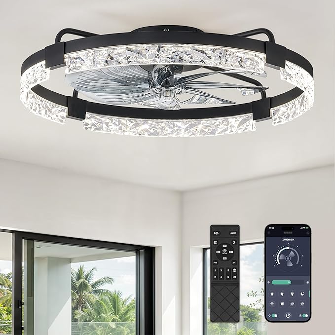 ZMISHIBO 24 Inch Flush Mount Ceiling Fan with Light and Remote, Modern Bladeless Ceiling Fan, Low Profile Enclosed Ceiling Fan for Bedroom Kids Room, 6 Speeds DC Motor, 3CCT Dimmable