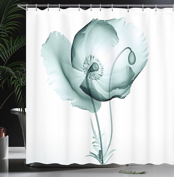 Ambesonne Flower Shower Curtain, Poppy Flower Blooms Meadow Garden Floral Radiographs Unusual Rare Art Print, Cloth Fabric Bathroom Decor Set with Hooks, 69" W x 84" L, Teal White