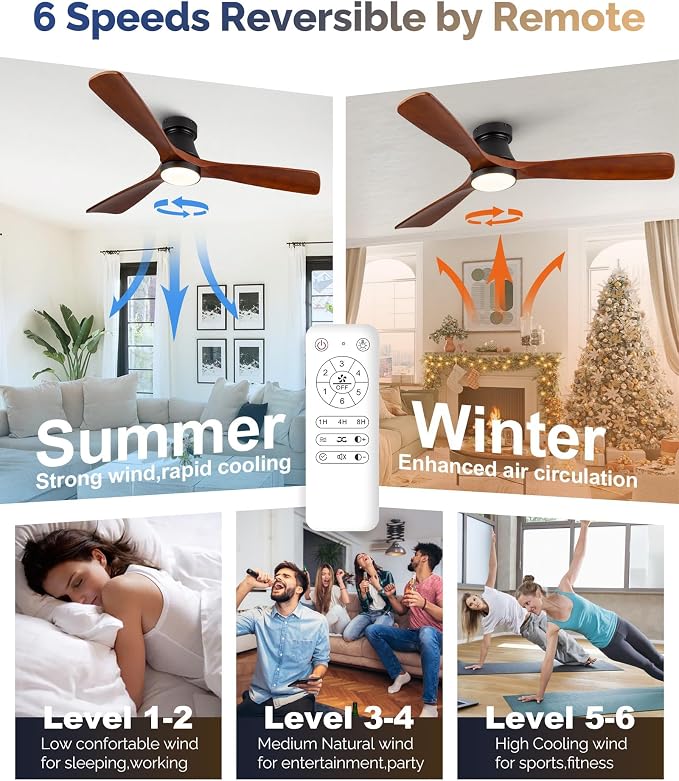 52 Inch Ceiling Fan with Lights, Remote Control, Flush Mount, Dimmable, Reversible, Wood Blades, Power-Off Memory, Quiet DC Motor, Modern Hugger Ceiling Fan for Living Room, Bedroom, Patio