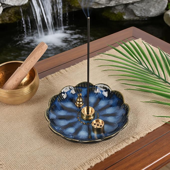Incense Holder, Ceramic Handmade Incense Burner Tray Set with 3 Styles Copper Incense Accessories for Joss Stick, Tower Incense, Home Office Decoration