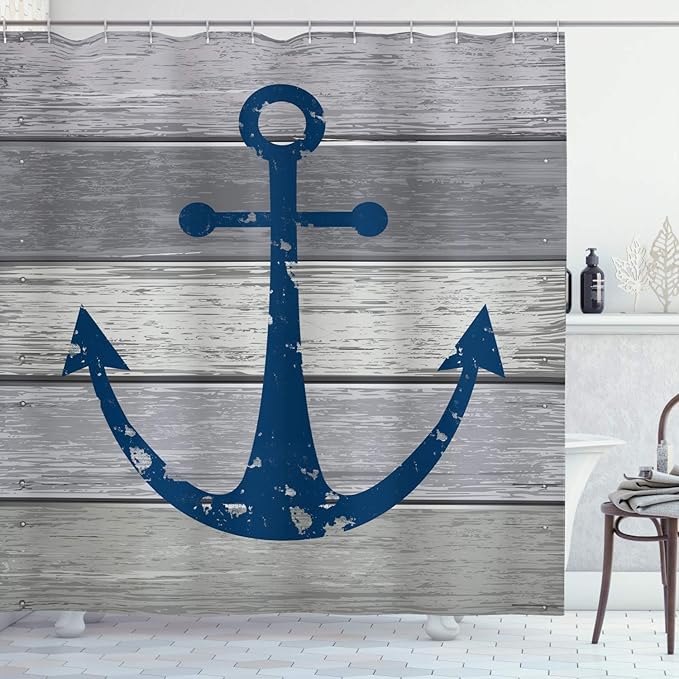 Ambesonne Anchor Shower Curtain, Rustic Nautical Maritime Sail Colored Symbol on Grunge Wooden Planks, Cloth Fabric Hotel Style Master Bathroom Decor Set with Hooks for Home, 69" W x 70" L, Night Blue
