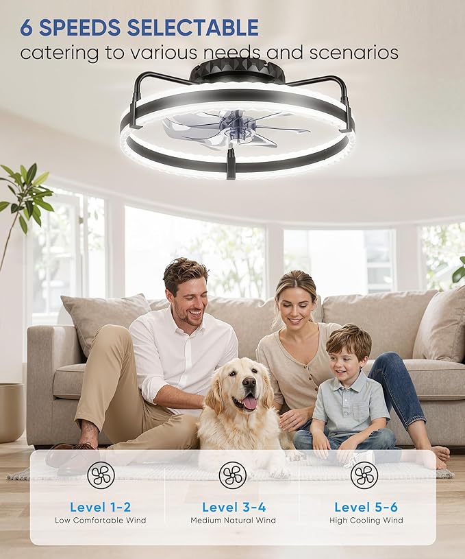 Ceiling Fan with Lights, 20'' Low Profile Ceiling Fans, 3000-6500K Dimmable Fandelier LED Fan Light, Black Modern Flush Mount Ceiling Fan, 6 Speeds Reversible DC Motor Noiseless for Bedroom, Kids Room