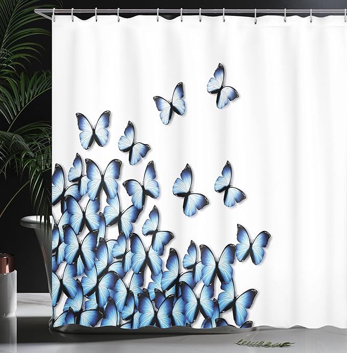 Ambesonne Butterflies Shower Curtain, Butterflies Bottom Left Corner Flying Tropic Vibrant Color Monarch Wings, Cloth Fabric Bathroom Decor Set with Hooks, 69" W x 84" L, Black Ivory