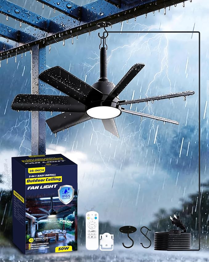 LANMEL Outdoor Gazebo Ceiling Fan with Light and Remote, 28 Inch, Black | Plug-In, IP65 Waterproof, Hanging with Hook, 6 Speed, Reversible, 3CCT, Dimmable, Portable, for Patio, Canopy, Porch, RV