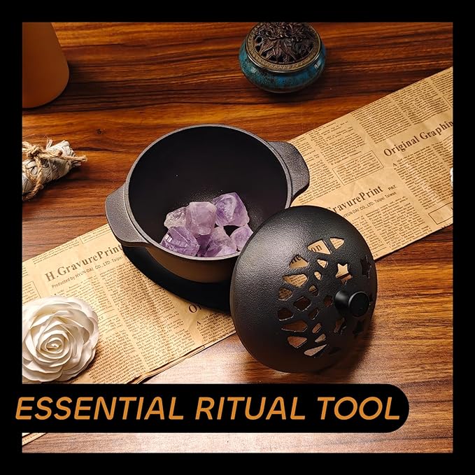 Cast Iron Incense Burner - Cast Iron Incense Holder Mini Cauldron for Sage, Palo Santo, Resin, Charcoal & Japanese Incense | Home, Rituals & Meditation Censer Bowl