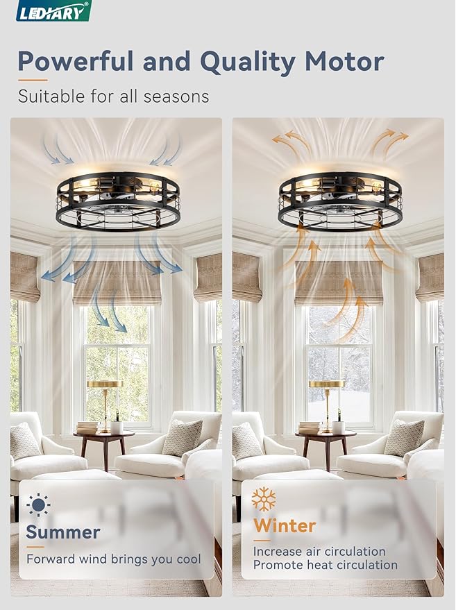 LEDIARY 20" Caged Ceiling Fan with light and Remote, Low Profile Flush Mount Fandelier, Black Bladeless Enclosed Small Fan Ceiling Light Fixtures, Rustic Farmhouse Style for Bedroom, Outdoor
