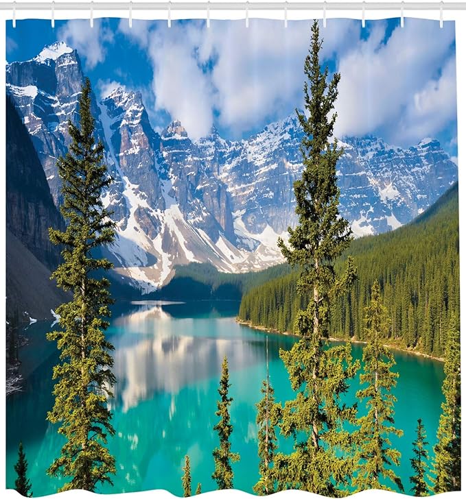 Ambesonne Landscape Shower Curtain, Moraine Lake Rocky Mountains Canada Summer Forest Tall Fresh Trees Image, Cloth Fabric Bathroom Decor Set with Hooks, 69" W x 70" L, Blue Green