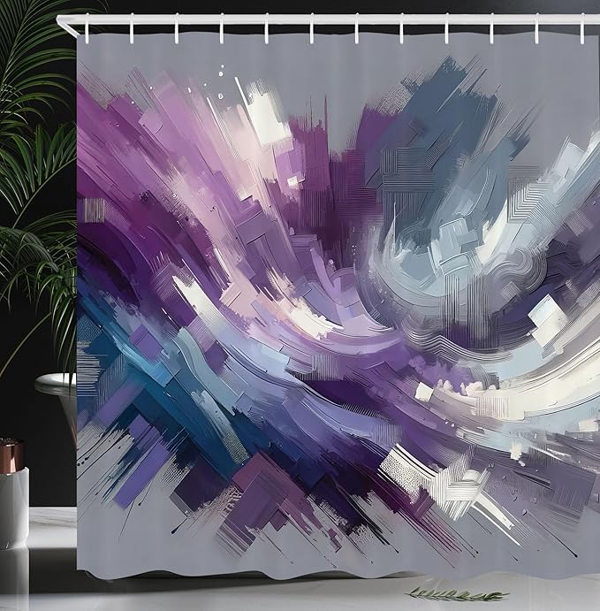 Ambesonne Purple Shower Curtain, Contemporary Art of Asymmetric Design Brushstrokes on Grey Back, Cloth Fabric Bathroom Decor Set with Hooks, 69" W x 84" L, Dark Indigo and Slate Blue