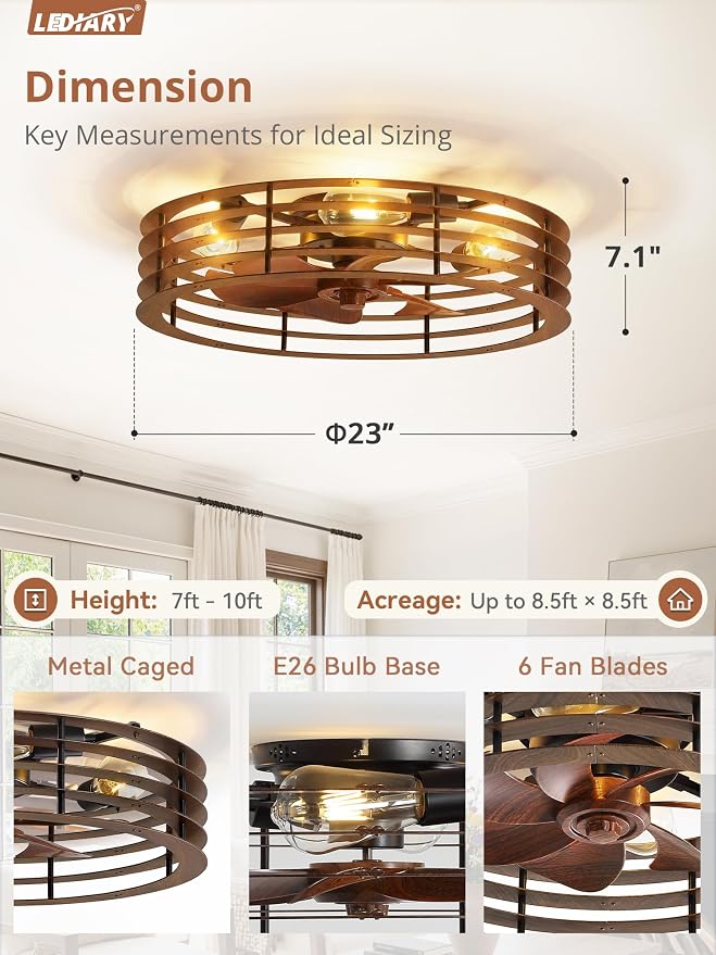 LEDIARY 23" Flush Mount Caged Ceiling Fan with Light, Low Profile Ceiling Fans with Light and Remote, 6 Speed & Reversible, Farmhouse Enclosed Fan Lights for Bedroom, Kitchen, Living Room, Dining Room