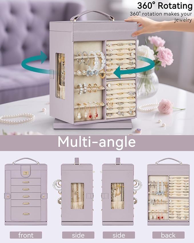AKOZLIN 6-Tier Jewelry Box Organizer Functional 5 Drawers Leather Jewelry Storage Case for Women Girls Ring Necklace Earring Bracelet Holder Organizer with Mirror Purple 360° Rotating