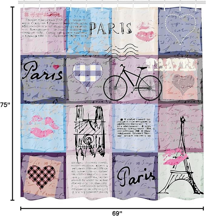 Ambesonne Paris Shower Curtain, Grunge Textured Retro Collage of France Famous Object Eiffel Tower Europe Theme, Cloth Fabric Bathroom Decor Set with Hooks, 69" W x 75" L, Multicolor Lilac