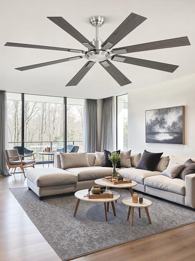 65 Inch Brushed Nickel Modern Ceiling Fan No Light with Remote, Outdoor Ceiling Fans Without Light with Quiet Reversible DC Motor, 6 Speeds, 8 Blades Large Ceiling Fan for Patios, Living Room, Garage
