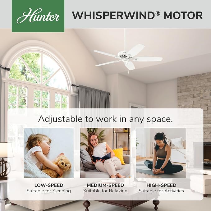 Hunter Builder Elite, Indoor, Ceiling Fan, No Light, 52 inch, Snow White | Standard Mount, Pull Chain, 5 Blades, For Bedroom, Living Room, Kitchen, 53240