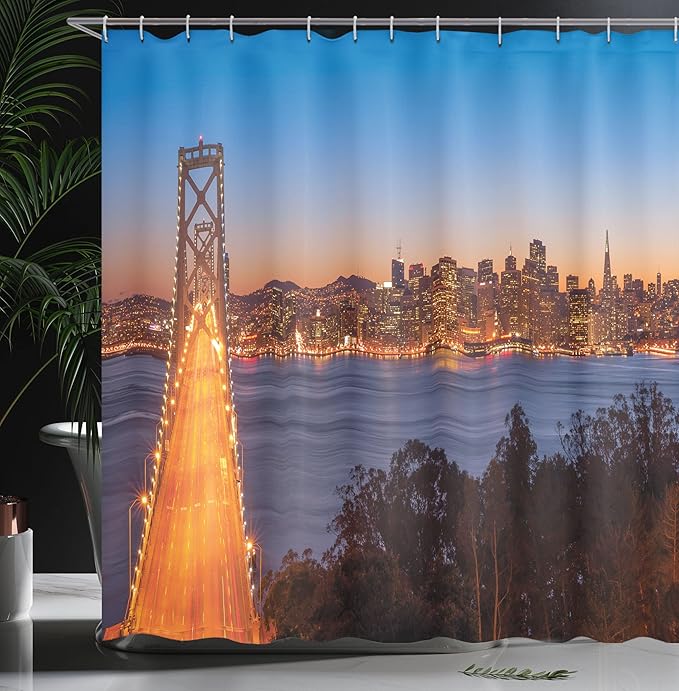 Ambesonne City Shower Curtain, Bay Bridge San Francisco California USA Urban Engineering Landmark Print, Cloth Fabric Bathroom Decor Set with Hooks, 69" W x 75" L, Pale Blue Orange Dimgrey