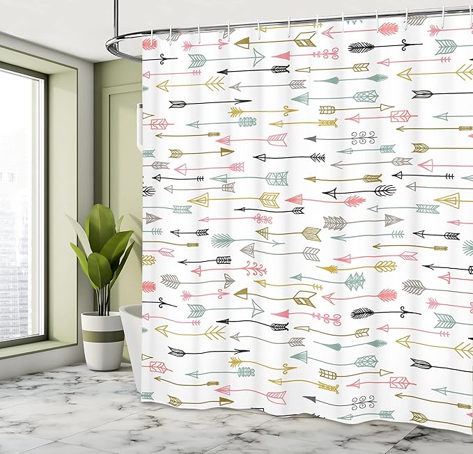 Ambesonne Arrows Shower Curtain, Colorful Arrows Pattern Aztec Najavo Inspired Style Artwork Image, Cloth Fabric Bathroom Decor Set with Hooks, 69" W x 70" L, White Multicolor
