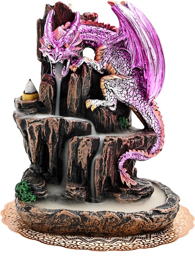 Dragon Backflow 2 Sided Mountain Waterfall Incense Burner,Fountain Smoke Incense Holder with Backflow Incense Cones, Tweezers, Mat，Resin Aromatherapy Meditationvaiuk (Purple)