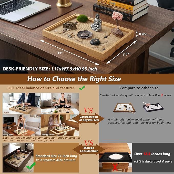 Zen Sand Garden Kit for Desk with Incense Stick Holder 11"x7.5" 6 Tools, 16 Accessories