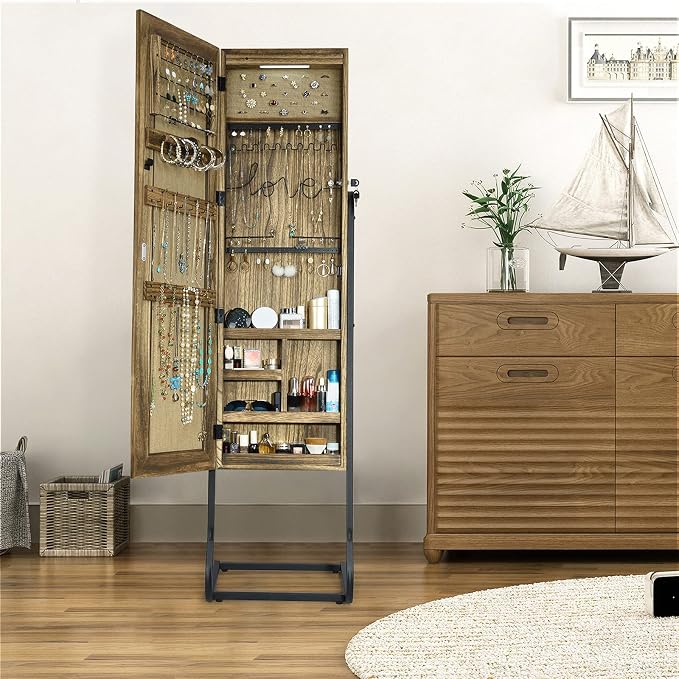 SRIWATANA Jewelry Armoire Cabinet, Solid Wood Standing Jewelry Organizer with Full Length Mirror (Carbonized Black) | Free-Standing Jewelry Armoire; Large Capacity Mirror Organizer with Lockable Door & Sturdy Base