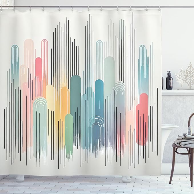 Ambesonne Colorful Shower Curtain, Simple Minimalist Design Abstract Rainbow Tone Stripes of Modern Joy, Cloth Fabric Bathroom Decor Set with Hooks, 69" W x 84" L, Multicolor White Grey