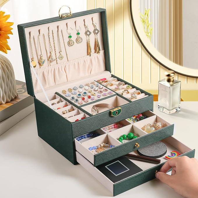 coobest 3 Layer Jewelry Box, Jewelry Holder Organizer with 2 Drawer Tray, Large boxes for Women Velvet Earring Organizer, Lockable & Organizers, Birthday Gifts for Women Mom, Green