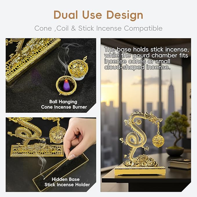 Golden Chinese Hanging Dragon Incense Burner for Sticks & Cones, 2 in 1 Brass Metal Censer with Ash Catcher, Easy to Clean with Brush, Elegant Incensario for Home Decor & Gift Box