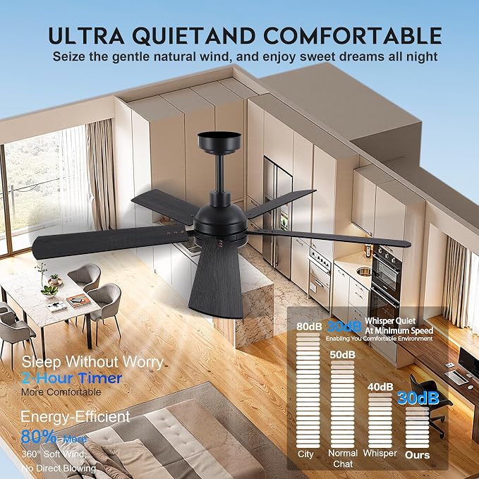 JSAITEE Ceiling Fans with Lights - 52Inch Low Profile Flush Mount Ceiling Fan with Light and Remote Control, DC Reversible Motor, Dimmable, 6 Speeds Ceiling Fan for Bedroom, Kitchen, Black