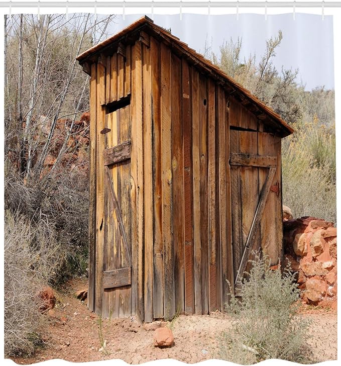 Ambesonne Outhouse Shower Curtain, Old Wooden Shed in The Outback Country Side Olive Trees, Cloth Fabric Bathroom Decor Set with Hooks, 69" W x 75" L, Caramel Brown