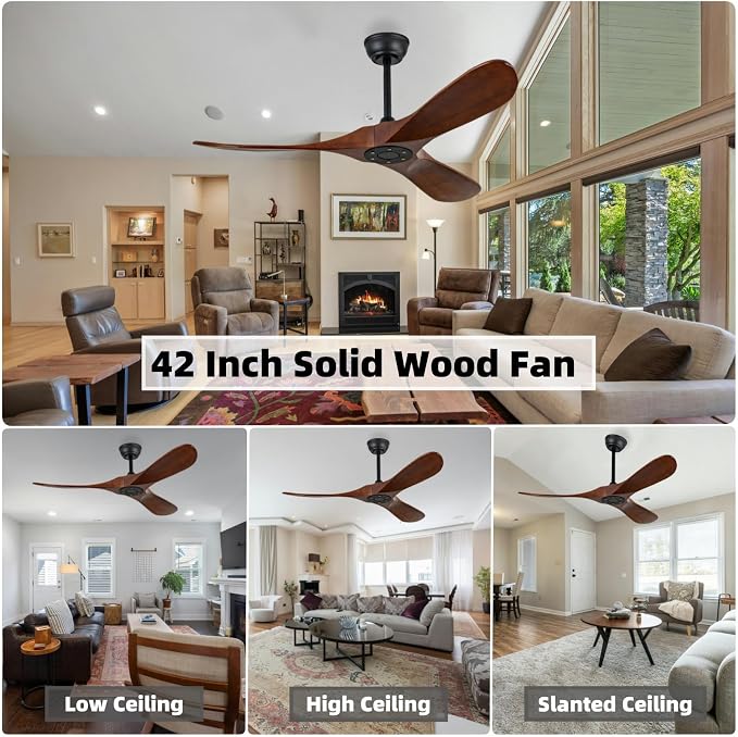 42 Inch Ceiling Fan Unlit, Solid Wood Ceiling Fan Unlit, with Remote Control, Reversible DC Motor, Indoor Bedroom Living Room Office Outdoor Patio Ceiling Fan