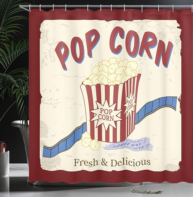 Ambesonne Movie Theater Shower Curtain, Fresh and Delicious Pop Corn Film Tickets and Strip Advertising in 60s Theme, Cloth Fabric Bathroom Decor Set with Hooks, 69" W x 70" L, Ruby Cream Blue
