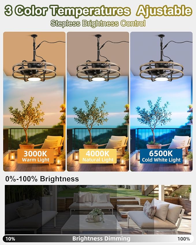 20" Outdoor Ceiling Fan with Light – Waterproof Plug-In Smart Fan for Porch, Pergola & Gazebo, 4CCT Color Adjustable, Alexa & Google Compatible, Caged Design, Black & Dark Wood Finish
