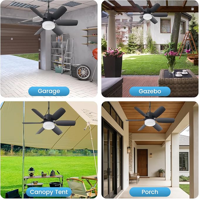 Fanspex 20.5'' Plug in Ceiling Fan with Light for Gazebo Patio Canopy Tent | 5 Fan Speeds with Adjust Lighting for Porch RV Cooling or Air Circulation, Black