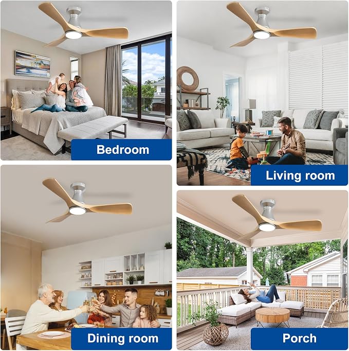 Depuley 42-Inch Ceiling Fans with Lights: Wood 3 Blade Flush Mount Low Profile Ceiling Fan for Bedroom - Dimmable Indoor Outdoor Fan with Remote Control Ultra Quiet DC Motor Timer