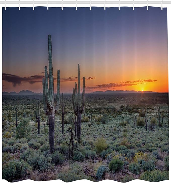 Ambesonne Saguaro Shower Curtain, A Sunset Over The Phoenix Valley in Arizona Mountain by The State Park Natural Scenery of Life Art, Cloth Fabric Bathroom Set with Hooks, 69" W x 70" L, Night Blue