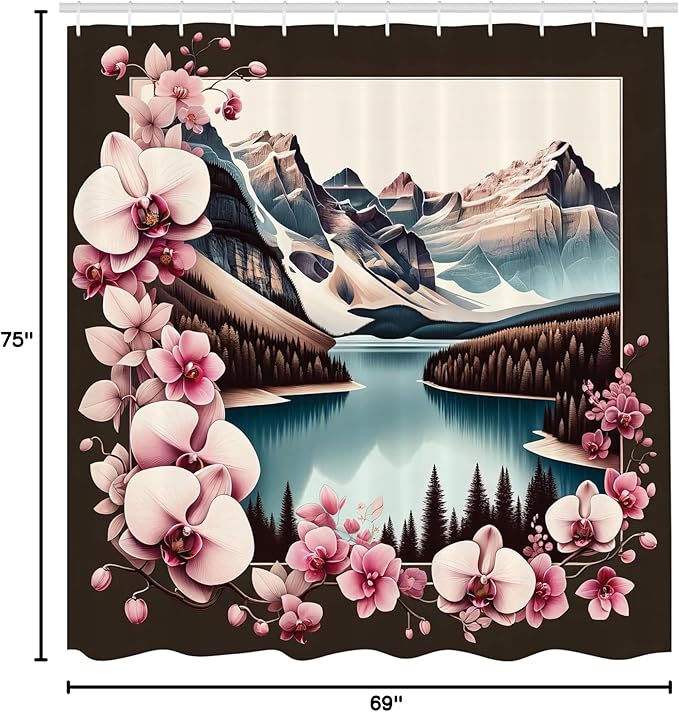 Ambesonne Lake Shower Curtain, Orchid Branches Around Mountain Landscape Spring Joy Outdoorsy View, Cloth Fabric Bathroom Decor Set with Hooks, 69" W x 75" L, Pink Brown and Cadet Blue