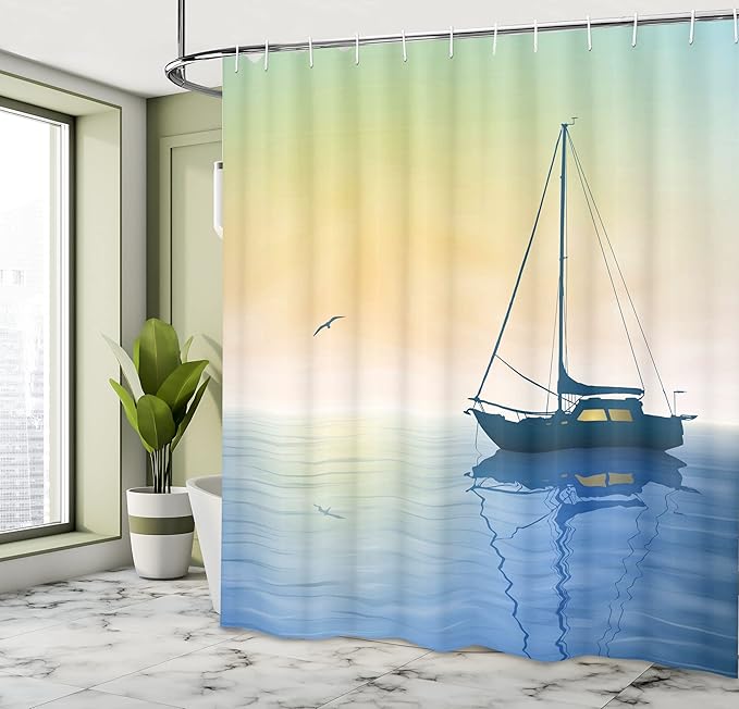 Ambesonne Ocean Shower Curtain, Sailing Boat in SeMisty Sunset Skynd Reflections on Water Picture, Cloth Fabric Bathroom Decor Set with Hooks, 69" W x 70" L, Pale Yellow Violet Blue