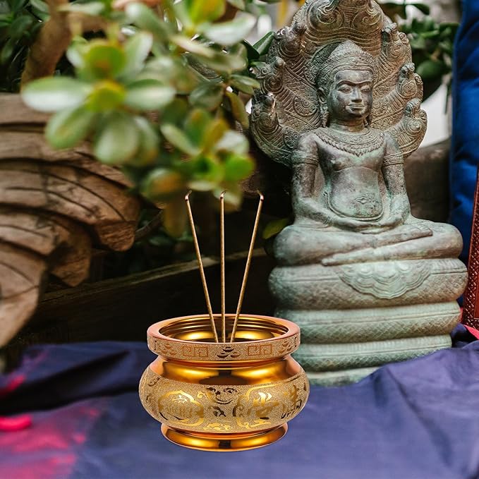 Yardwe Ceramic Incense Burner 6 Inch Golden Incense Holder Bowl Feng Shui Censer for Home Decor Spiritual Offerings