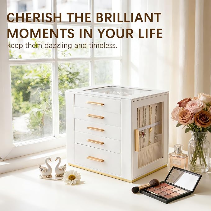 Homeanda Jewelry Box for Women with Glass Lid, 5 Drawers Jewelry Organizer and Storage for Necklaces, Rings, Earrings, Bracelets, Gift for Girls and Teens,PU Leather (White)