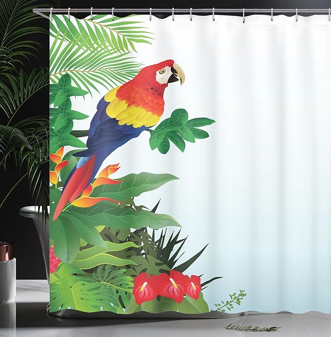 Ambesonne Parrots Shower Curtain, Macaw Bird in Tropical Forest Flowers Big Leaves Plants Wildlife Vibrant Color Art, Cloth Fabric Bathroom Decor Set with Hooks, 69" W x 84" L, Olive Green