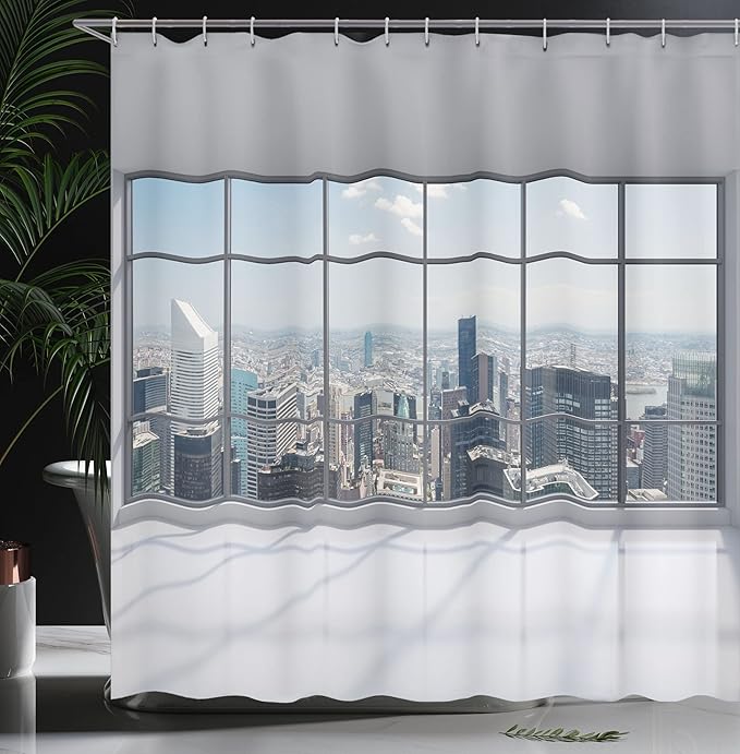 Ambesonne City Shower Curtain, Clean Office with Big Window Downtown Skyscraper Buildings Domestic Cityscape Art, Cloth Fabric Bathroom Decor Set with Hooks, 69" W x 70" L, Grey White