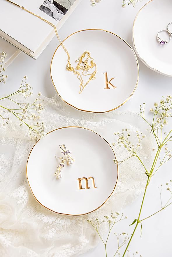COLLECTIVE HOME Ceramic Jewelry Tray, Trinket Dish, Gifts for Women (T) | Mother's Day, Birthday, Christmas, Engagement Gifts, Vanity, Nightstand Decor, Embossed Gold Monogram Ring Dish with Gift Box
