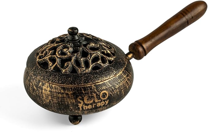 Iron Charcoal Burner with Lid & Wood Handle with Charcoal Tong, 9" Golden Finish, Burner for Incense, Charcoal Burner with Handle, Includes Charcoal Tong
