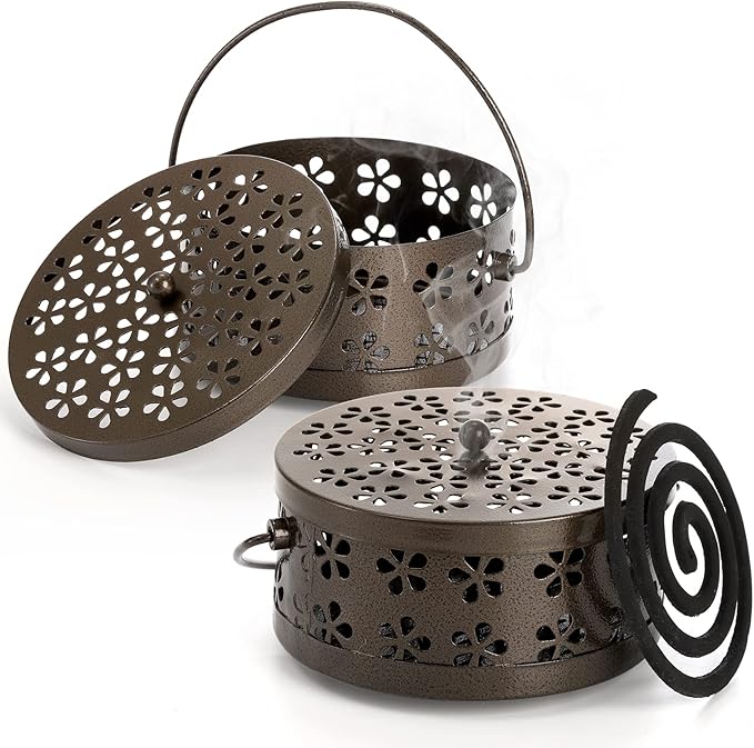 ZENFUN 2 Pack Iron Coil Holders with Lid and Handle, Bronze Incense Coil Burner with Lid, Retro Portable Coil Holder for Camp Use, Indoor, Outdoor, Fireproof, 5.7 Inches Diameter