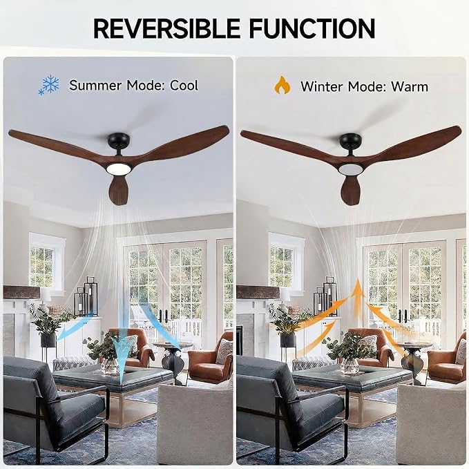 Skylike 52" Wood Outdoor Ceiling Fan with Lights, Propeller Farmhouse Ceiling Fan and Remote Control, 3 Blade Dark Walnut Ceiling Fan for Patio,Porch, Gazebo, Bedroom