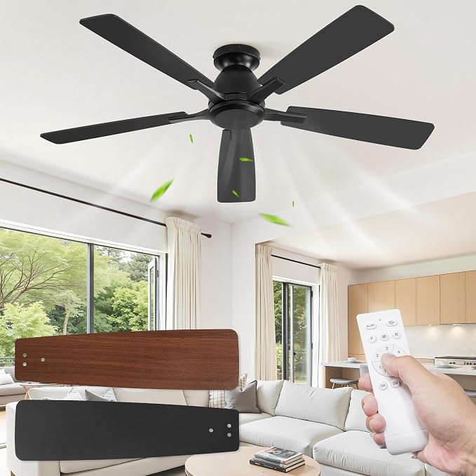 Fanbulous 52 Inch Flush Mount Ceiling Fan No Light with Remote, Black | Modern Low Profile Without Light, 6-Speed, Quiet Reversible DC Motor, Indoor/Outdoor Use, for Bedroom, Living Room, Patio