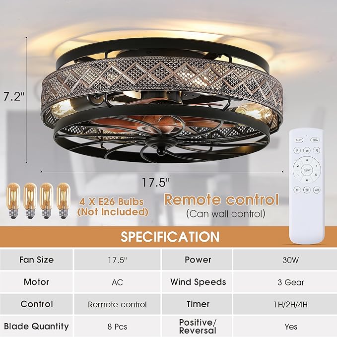 SHIHOT 18"Black Small Low Profile Caged Ceiling Fans with Lights and Remote | Safe Caged-Design,Supports Both Remote Control and APP,6 Wind Speeds, Reversible, Quiet DC Motor,Suits for Bedroom Kidsroom